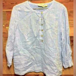 Nicole Miller 💯 Linen pop over blouse Peasant Bohemian light blue airy office S